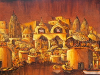 Acrylic on Canvas painting titled Ghats of Golden Light II