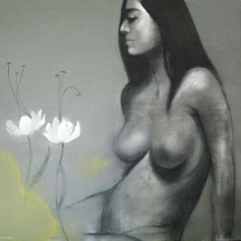 Charcoal & Acrylic on canvas painting titled A serene beauty