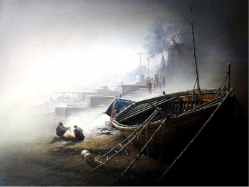 Oil & Acrylic on Canvas painting titled A Winter Morning at the Benares Ghats