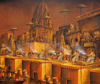 Acrylic on canvas painting titled Ganga Aarti at the Ghats