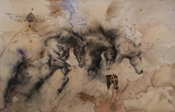 Mixed Media on paper painting titled Stallions in Action - X