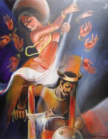 Acryllic on Canvas painting titled Mahishasur Mardini