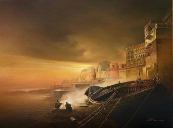 Oil & Acrylic on Canvas painting titled Daybreak at the Benares Ghats III