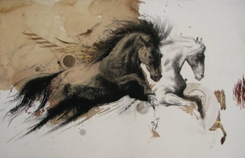 Mixed Media on paper painting titled Stallions in Action III