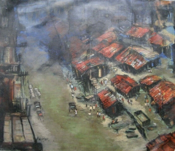 arcylic on canvas painting titled Calcutta cityscape