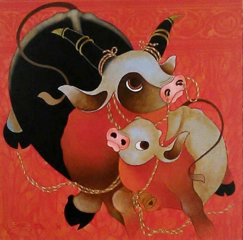 arcylic on canvas painting titled Frolicking Cows I