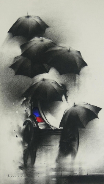 Charcoal & Acrylic painting titled The poetry of monsoon