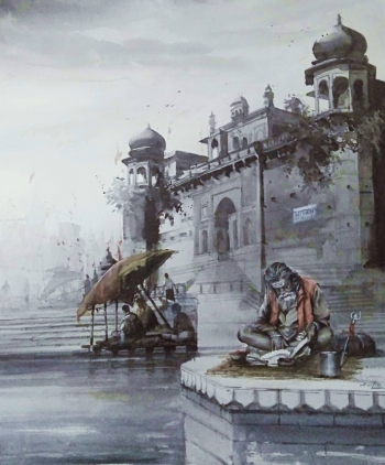Watercolour on Paper painting titled Sadhus at the Varanasi Ghats