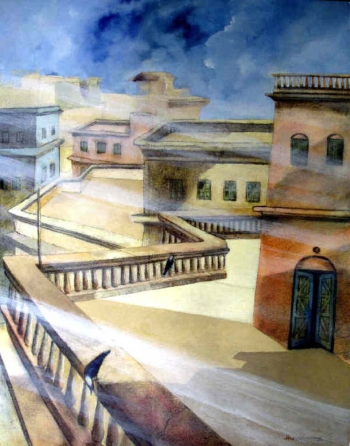 Oil, charcoal & Acrylic on Canvas painting titled Old Terraces of Kolkata