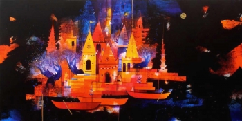 Charcoal, Gold & Acrylic on canvas painting titled Magical Temple City by the Riverbank II