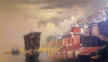 Acrylic on Canvas painting titled Sunrise at Ramnagar Fort Palace, Benares I
