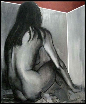 Charcoal and ACR on canvas painting titled In the red room