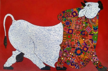 Mixed media on Canvas board painting titled The Royal Bull in Red