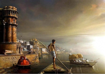 Acrylic on Canvas painting titled Daybreak at Benares Ghats