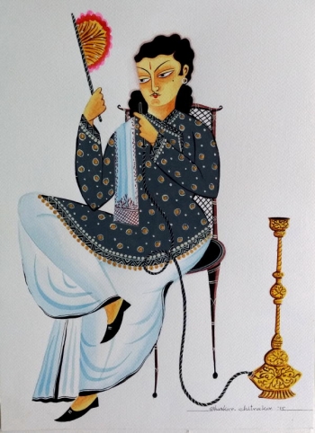 veg dye on paper painting titled Bengali Babu Reflecting on Life