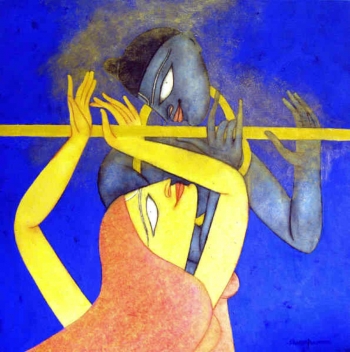 Oil, charcoal & Acrylic on canvas painting titled The Golden Flute III
