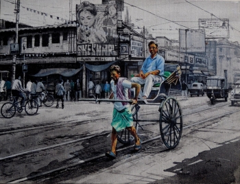Acrylic on Canvas painting titled Kolkata Street Corner