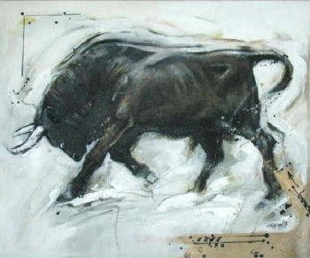 Mixed media on canvas painting titled A Bull in Action