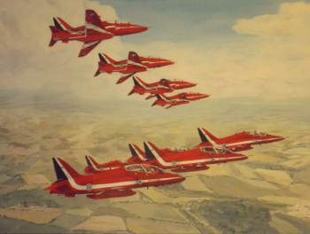 Acrylic on Illustration Board painting titled British Red Arrows