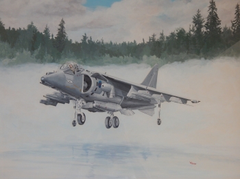 Acrylic on Illustration Board painting titled Jump Jet - Out of the Mist