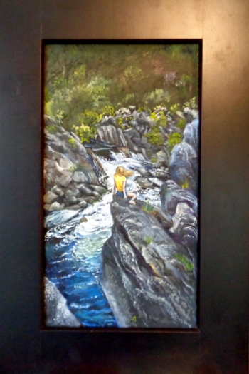 Oil n wooden panel painting titled Watching the water at Great Falls