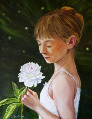 oil on canvas painting titled Girl with a Peony