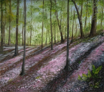 Oil on wood painting titled Walking in Spring Beauties