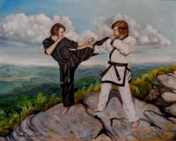 Oil on canvas painting titled Martial Arts Practice