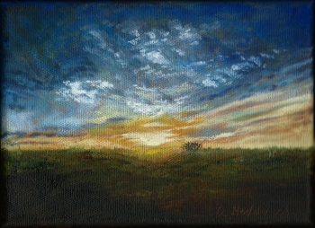 Oil on canvas painting titled Kasota Prairie Summer Dawn