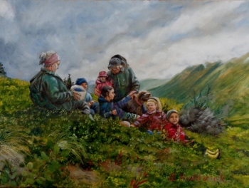 oil on canvas painting titled Blueberry picking in Alaska