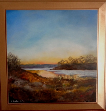 oil on reclaimed wooden panel painting titled Sunset on a Prairie River
