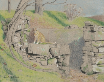 ink and colored pencil on toned paper painting titled Cat in Ruins