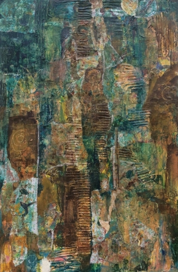 mixed media on board painting titled Layten Exits The Ancient Temple