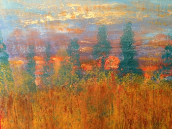Mixed Media on Wood Panel painting titled Sunrise in the Pines