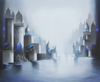 Charcoal & acrylic on canvas painting titled Holy Banaras