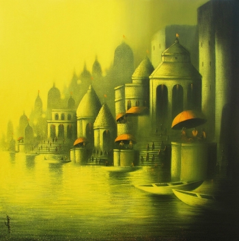 Acrylic on canvas painting titled Golden banaras