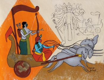 acrylic on canvas painting titled Krishna and Arjuna
