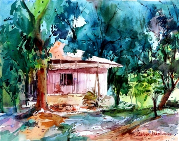 Watercolor on Jiaken baoding paper. painting titled Village beauty.