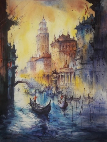 watercolor on handmade paper  painting titled Water city -3