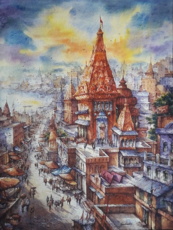 watercolor on handmade paper  painting titled Top view of Benaras- 1