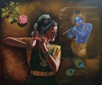 Oil on canvas painting titled Meera with Krishna